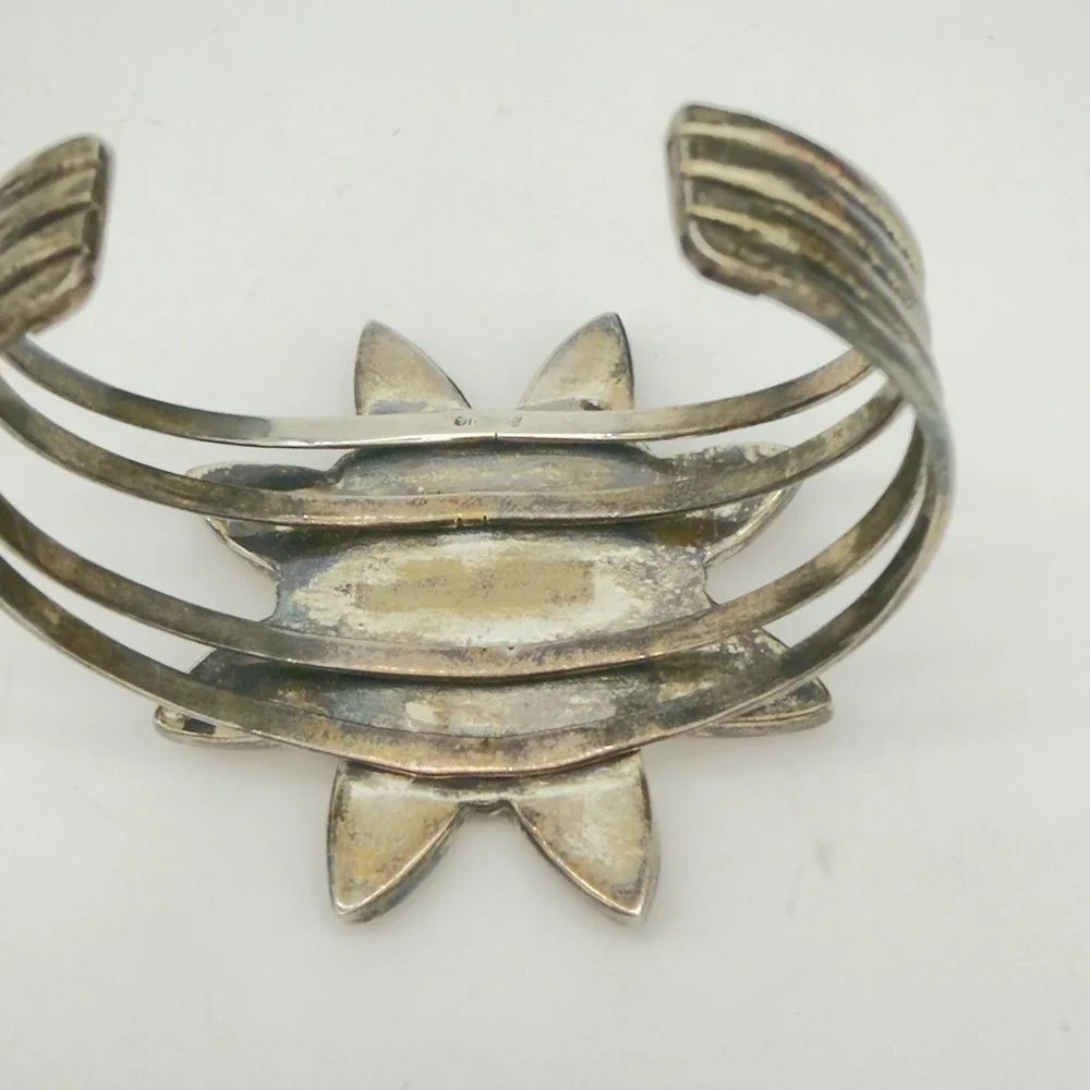 Vtg Sterling Silver Multi Stone Inlay Large Flower Cuff Bracelet One of a Kind